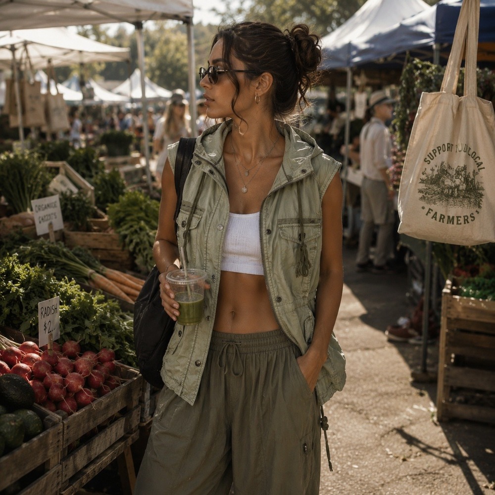 Marrakech Womens Sage Green Ripstop Cargo Utility Vest Hooded Drawstring Med